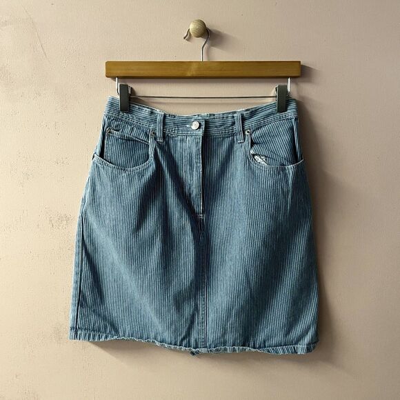 Vintage Bill Blass Jeans Petite Light Blue Striped Denim Mini Skirt Size 8P EUC - Picture 9 of 11